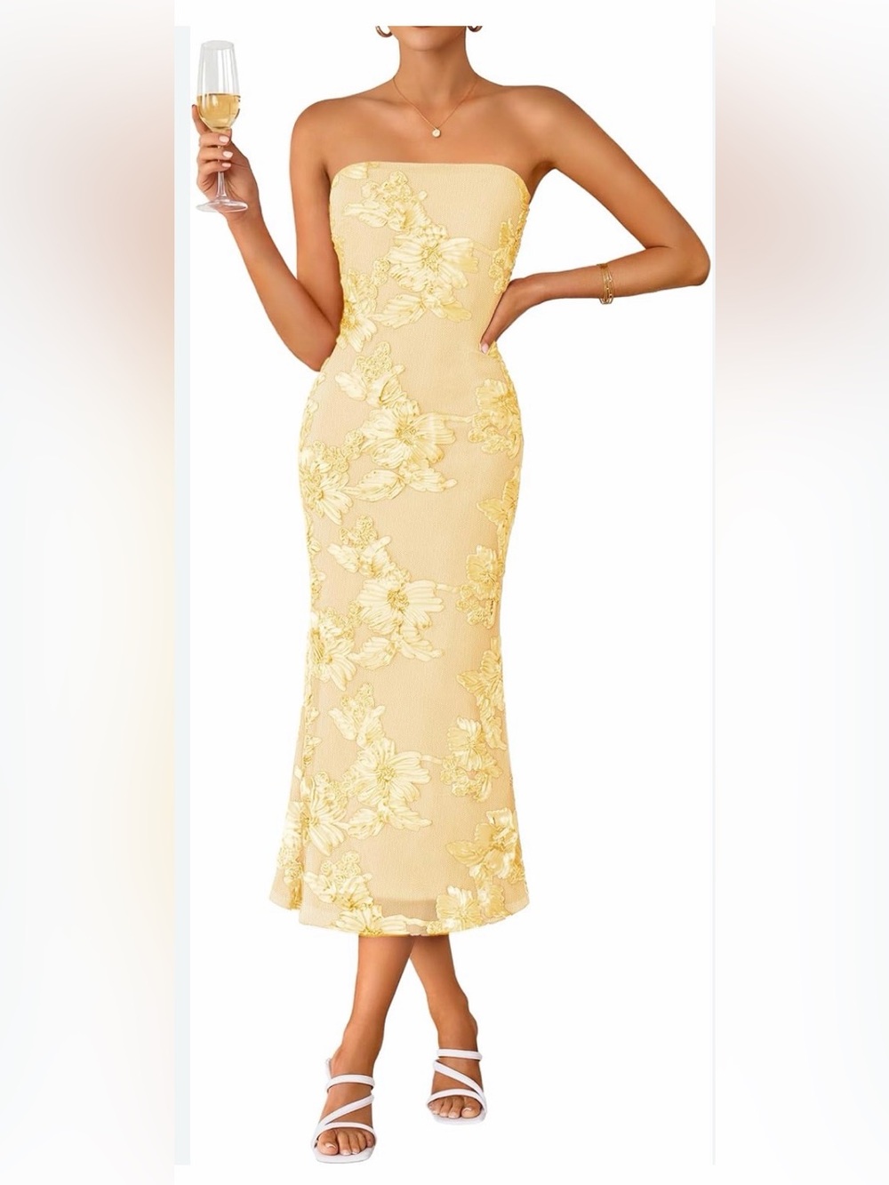 NWT Zesica Strapless Yellow Wedding Guest Floral Midi Dress-M